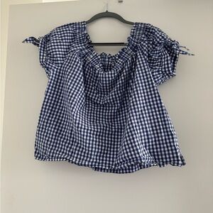 J. Crew Blue Gingham Off-Shoulder Tie Sleeve Top
